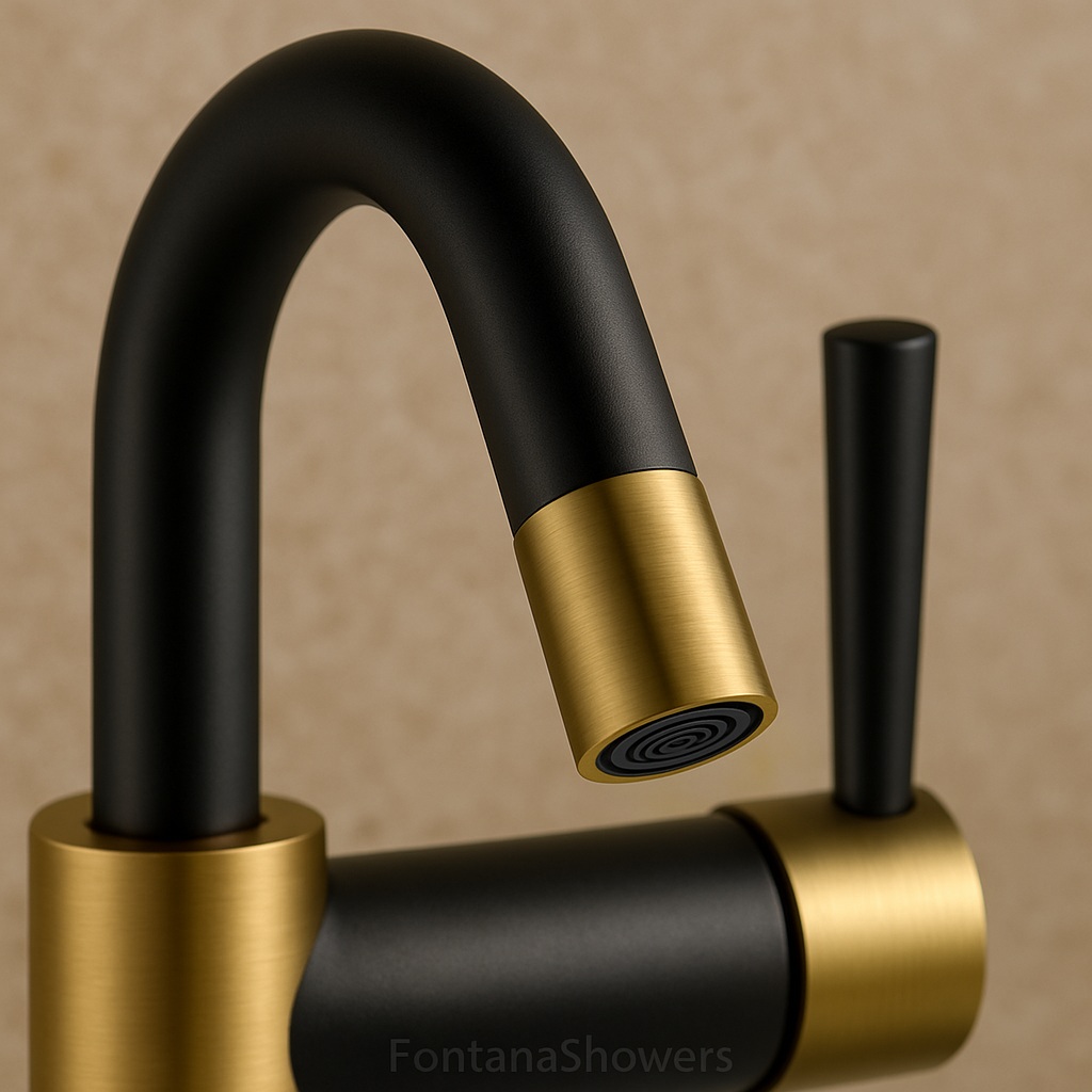 Close-up of matte black & brushed gold two-tone faucet spout and handle by FontanaShowers
